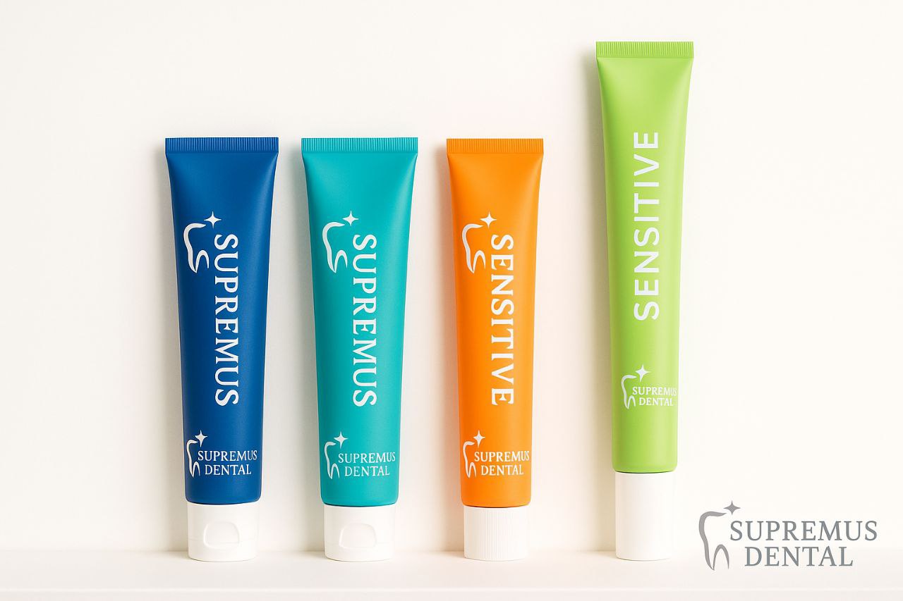 Pastas dentales sobre encimera blanca