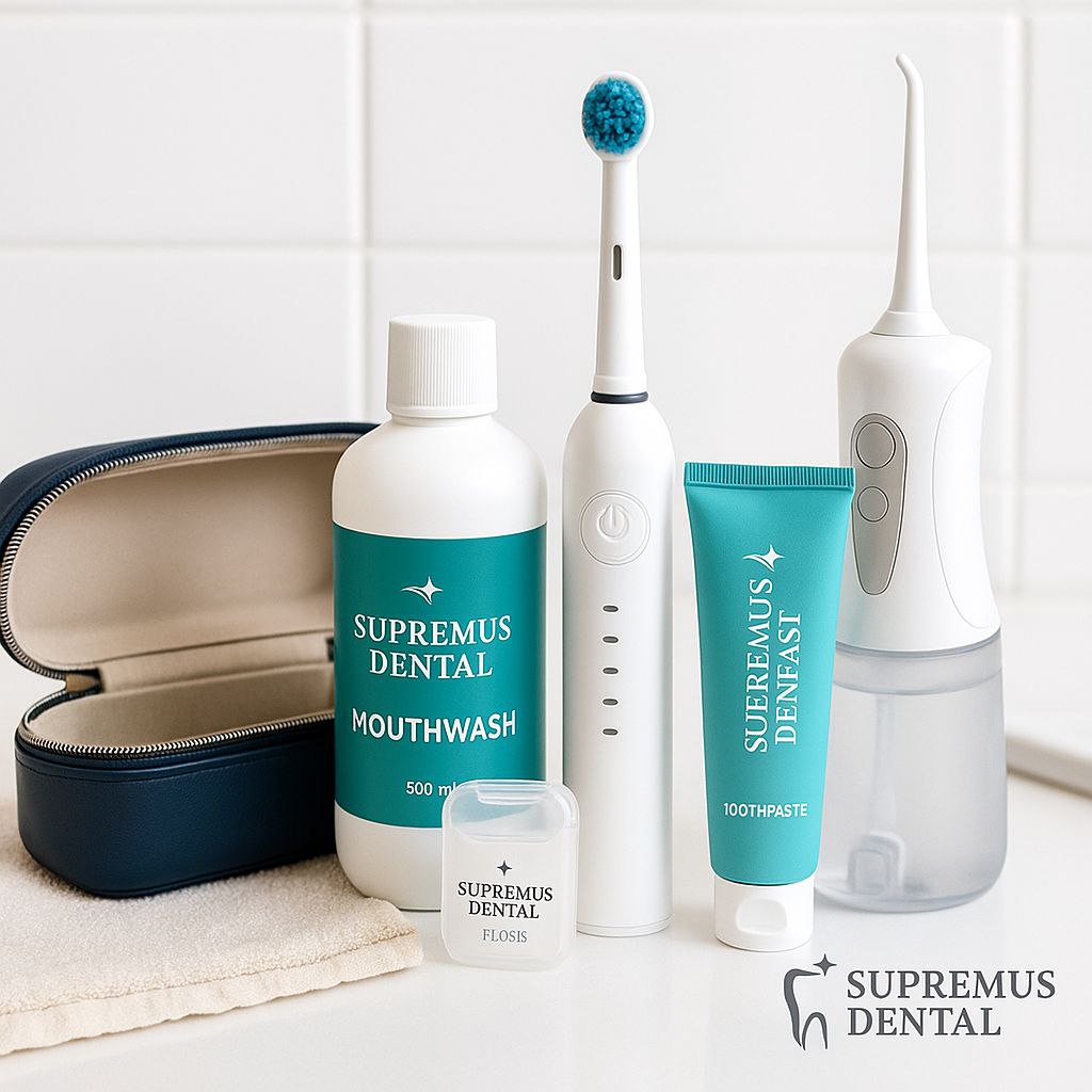 Cepillo dental, irrigador y alineadores sobre un fondo limpio