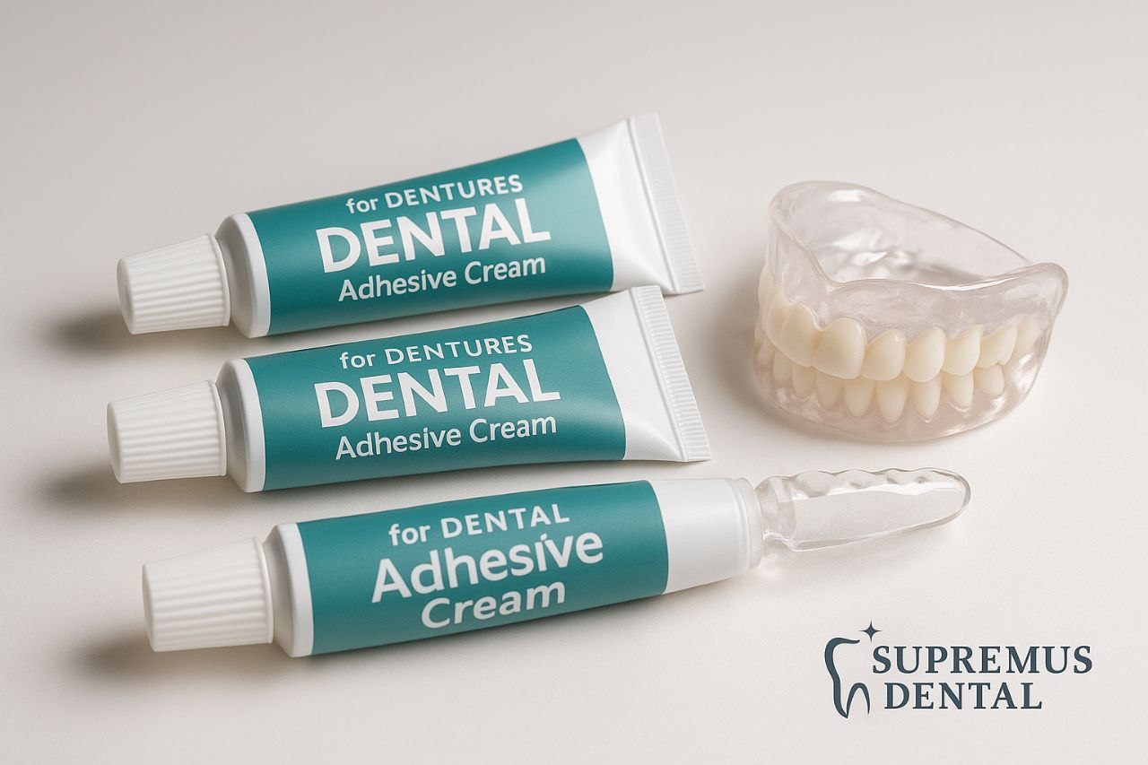 Adhesivos para prótesis dentales sobre fondo blanco