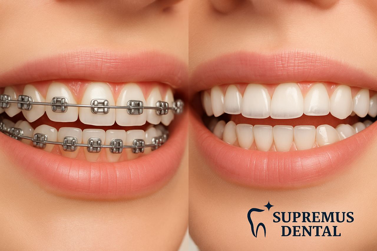 Modelo dental con brackets junto a alineadores transparentes